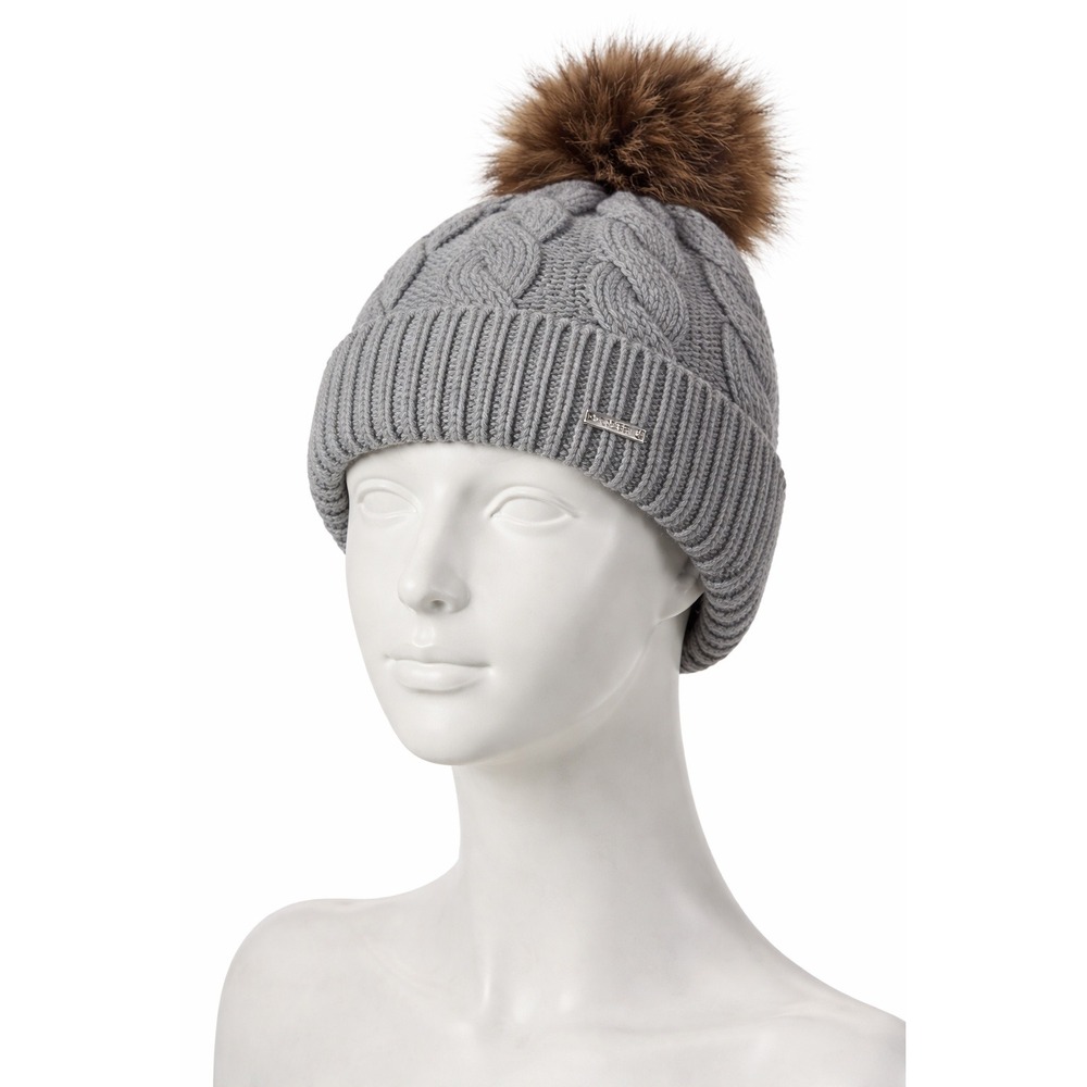 Spyder Womens Cable Knit Beanie Faux Fur Lined Pom Pom Hat Pewter Grey OLSP982W